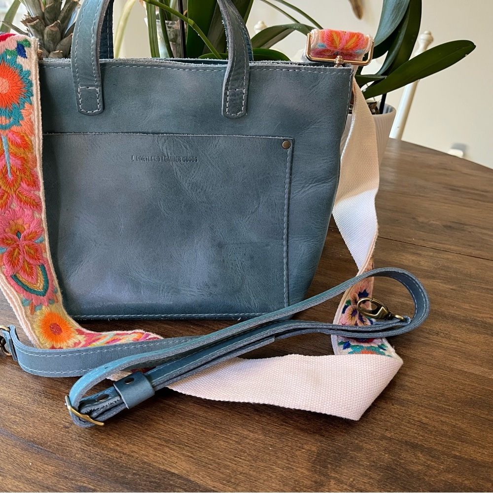 Portland Leather Blue Tote with Floral Strap